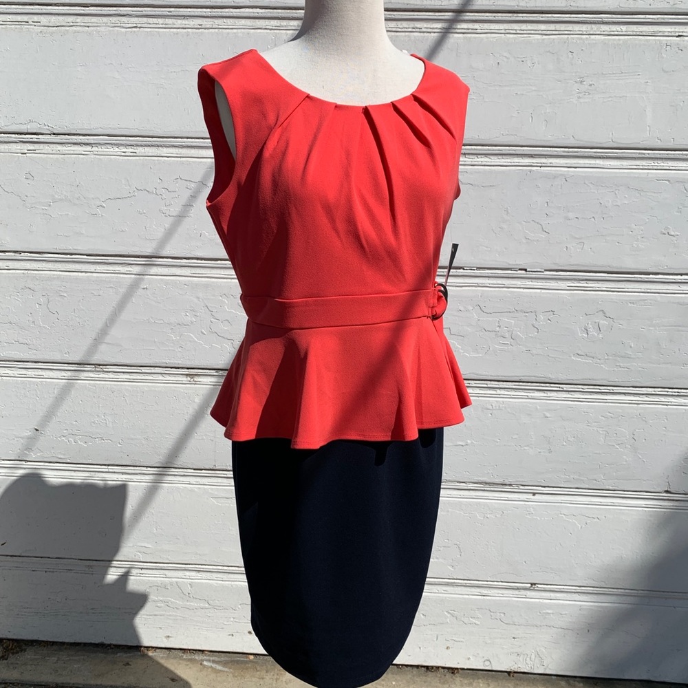 Enfocus Studio Coral & Navy Peplum Dress Sz 8 NWT